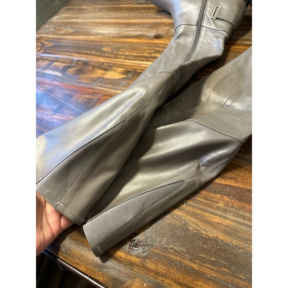 H by Halston Karlie Grey Leather Over the Knee Tall Block Heel Boots‎ 6M